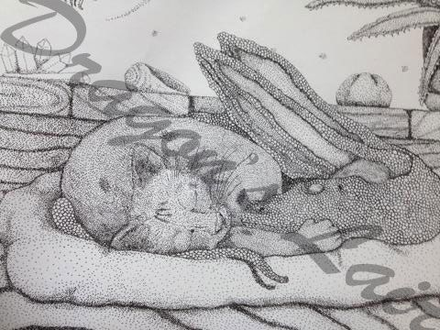 Cat and mini dragon taking a nap together. 8 1/2x11.$15.