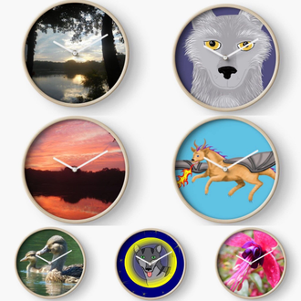 Clocks featuring art and photography by Jennifer Priester.