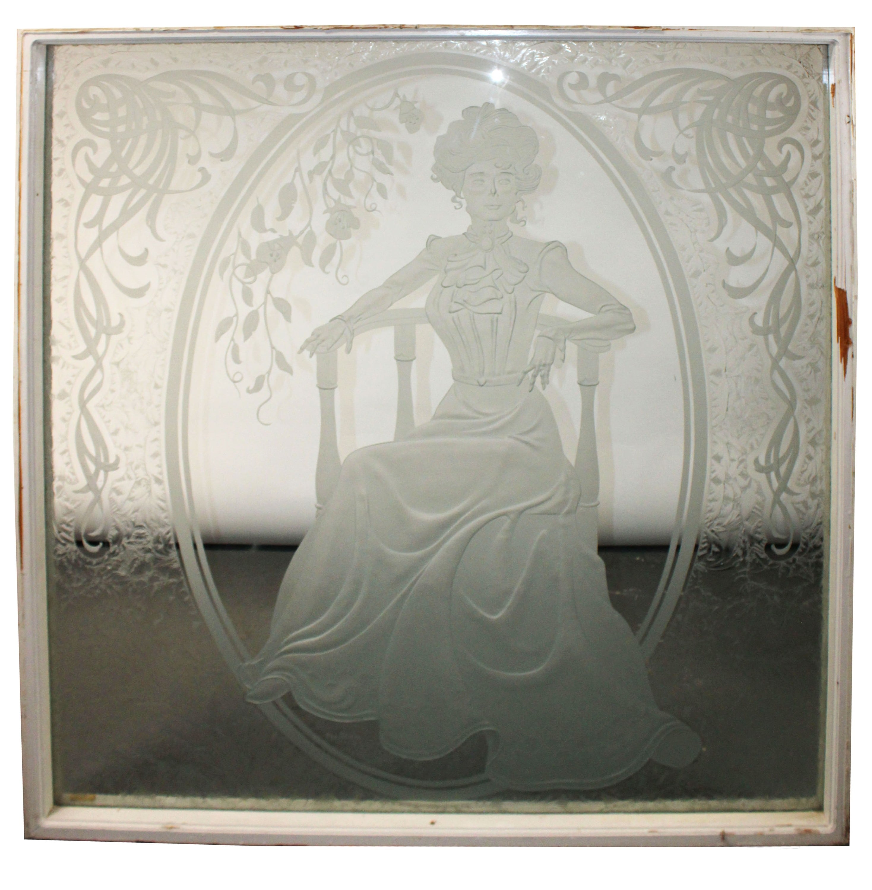 Etched glass figural landing window