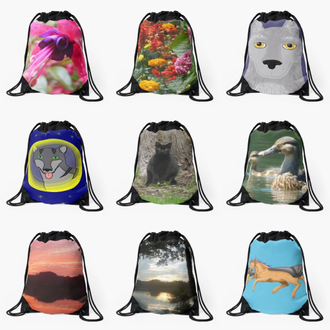 Drawstring bags featuring art and photography by Jennifer Priester.