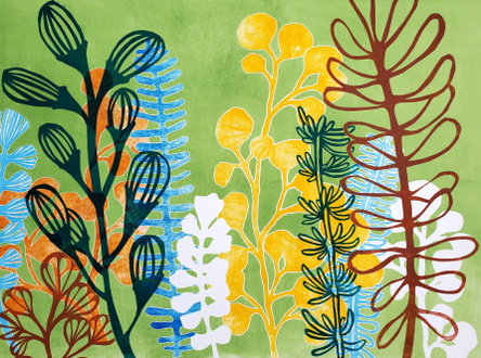 22" x 30"  botanical monoprint in green, blue, orange, yellow and white