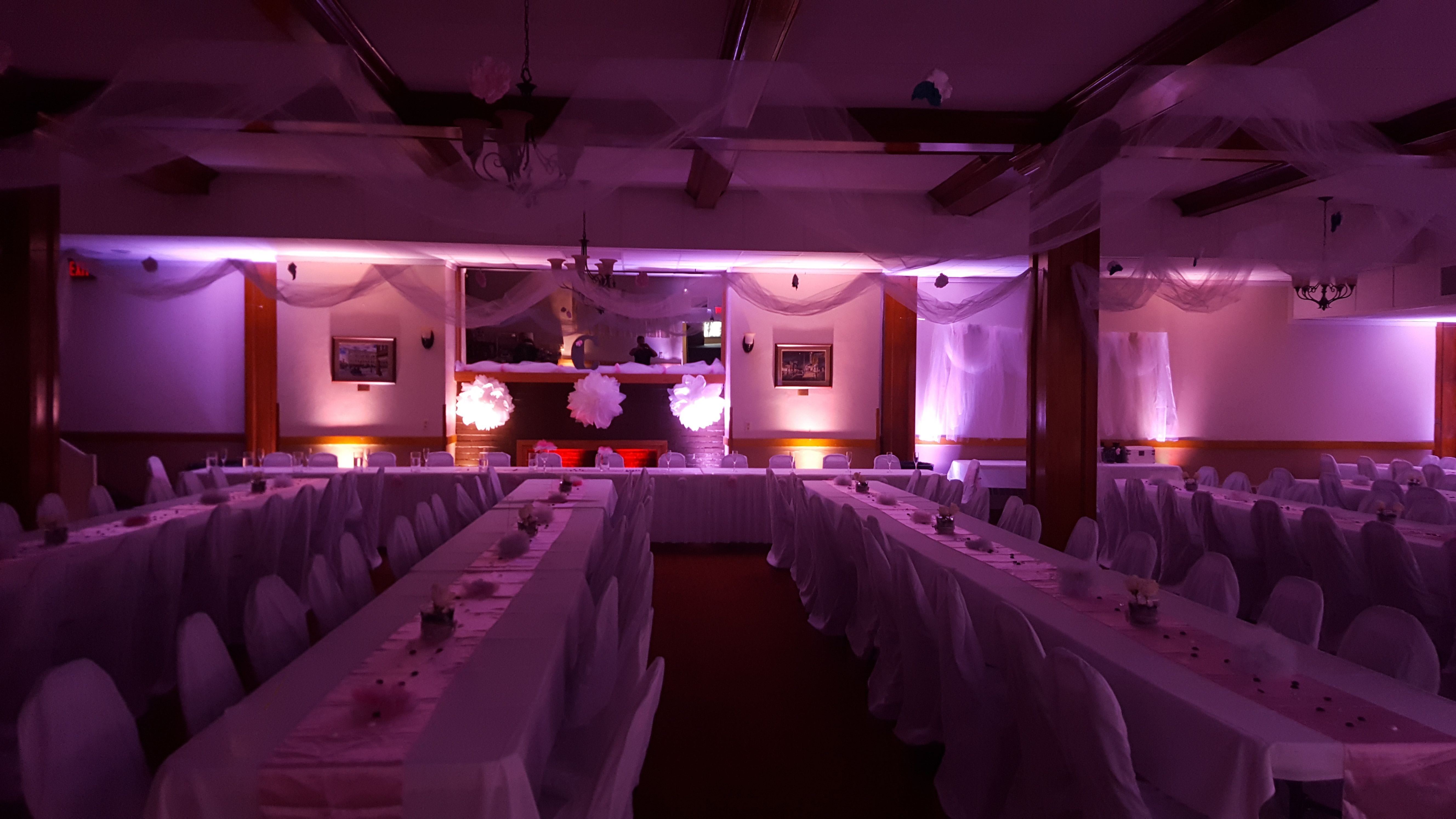 Wedding lighting at the Elks Lodge in Superior. Up lighting in lavender and peach.