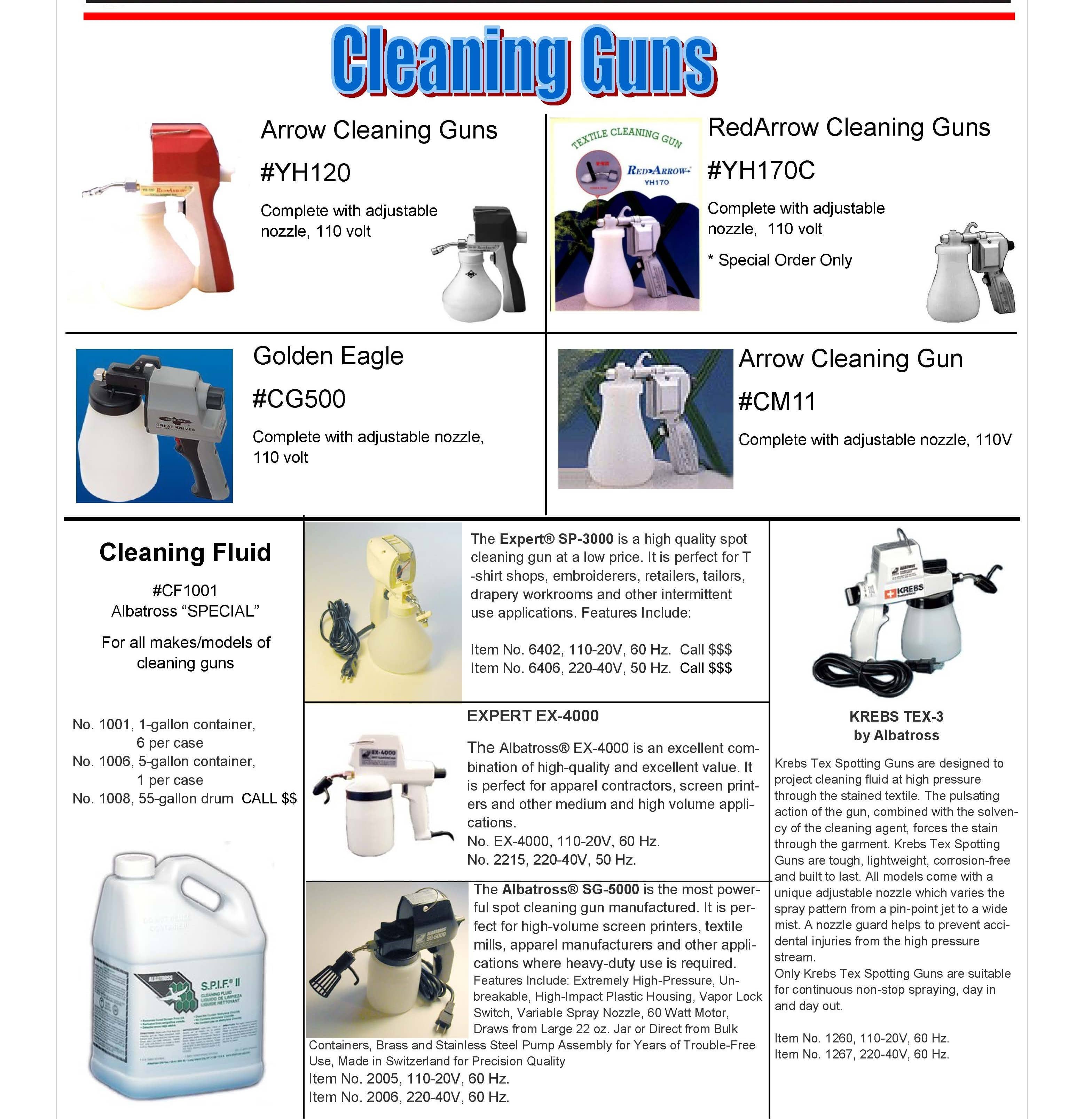PROFESSIONAL CLEANING GUNS for FABRICS
ARROW CLEANING GUNS YH120, REDARROW CLEANIN GUNS YH170C,
GOLDEN EAGLE CLEANING GUNS CG500, ARROW CLEANING GUNS CM11