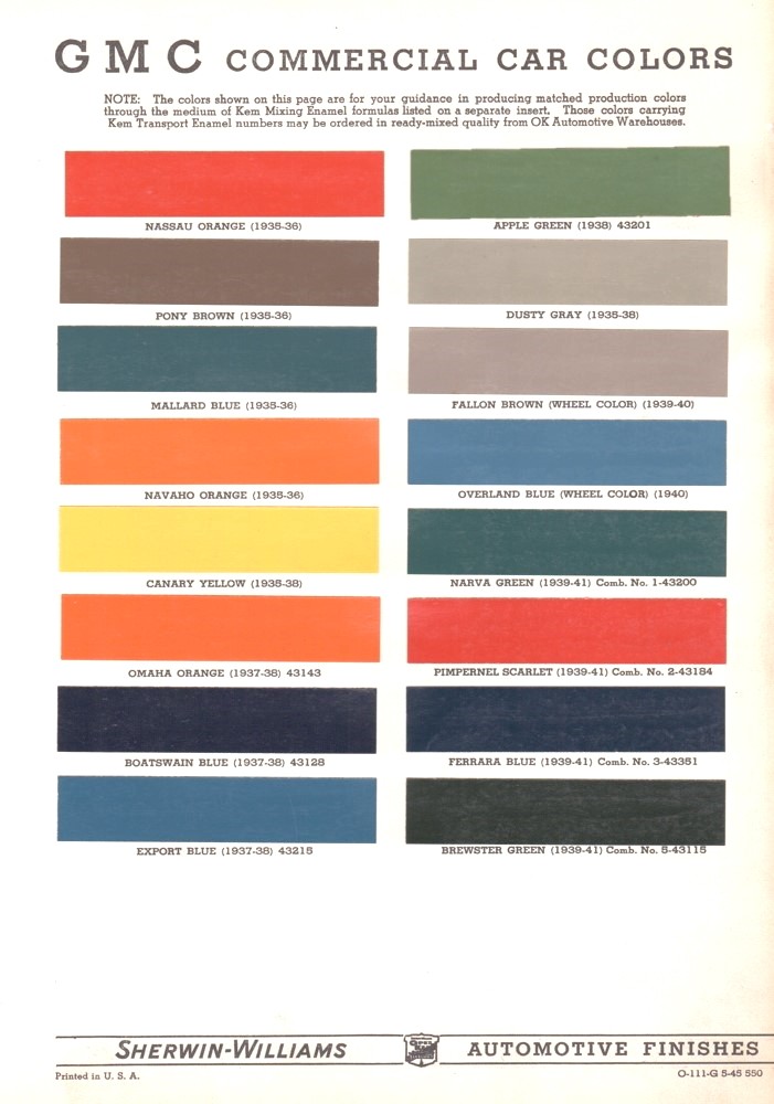 paint codes and colors used on GMC in 1940