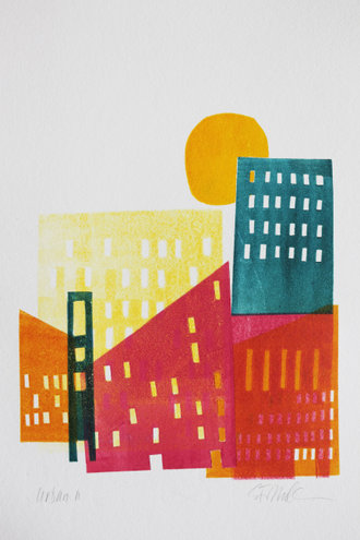 Colorful monoprint of buildings, whimsical layered city scene