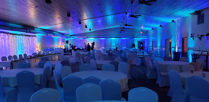 Wedding at the Buffalo House. Up lighting in two tone blue with water lights by Duluth Event Lighting. Backdrop by Heidi Handles It.