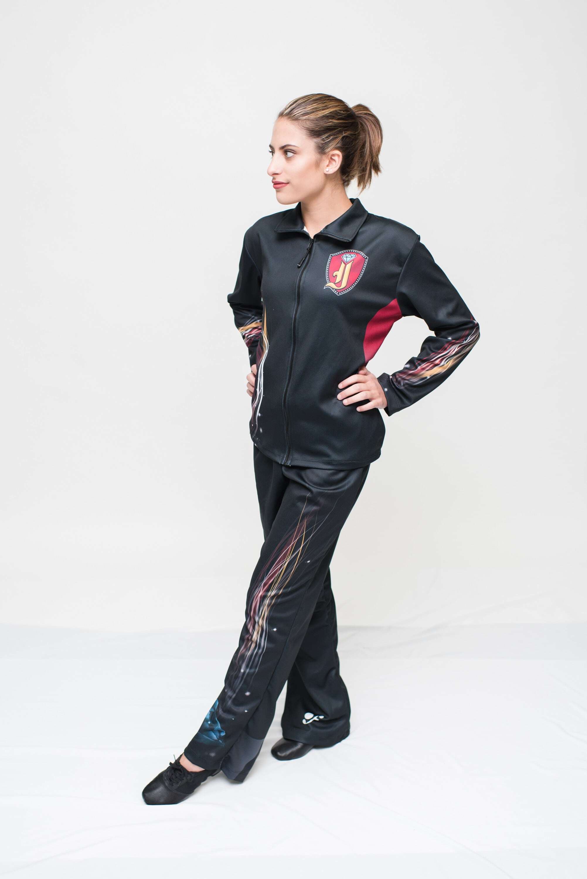 Indigo Black with fine detail streamer graphics on legs and arms . Ballet /sublimation -custom
