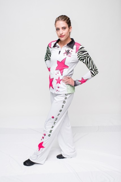 Strong Zebra visual pattern on arms, dominates this Dance costume. matching pants. White, Hot Pink Stars with Studio Logo on jacket back and chest.