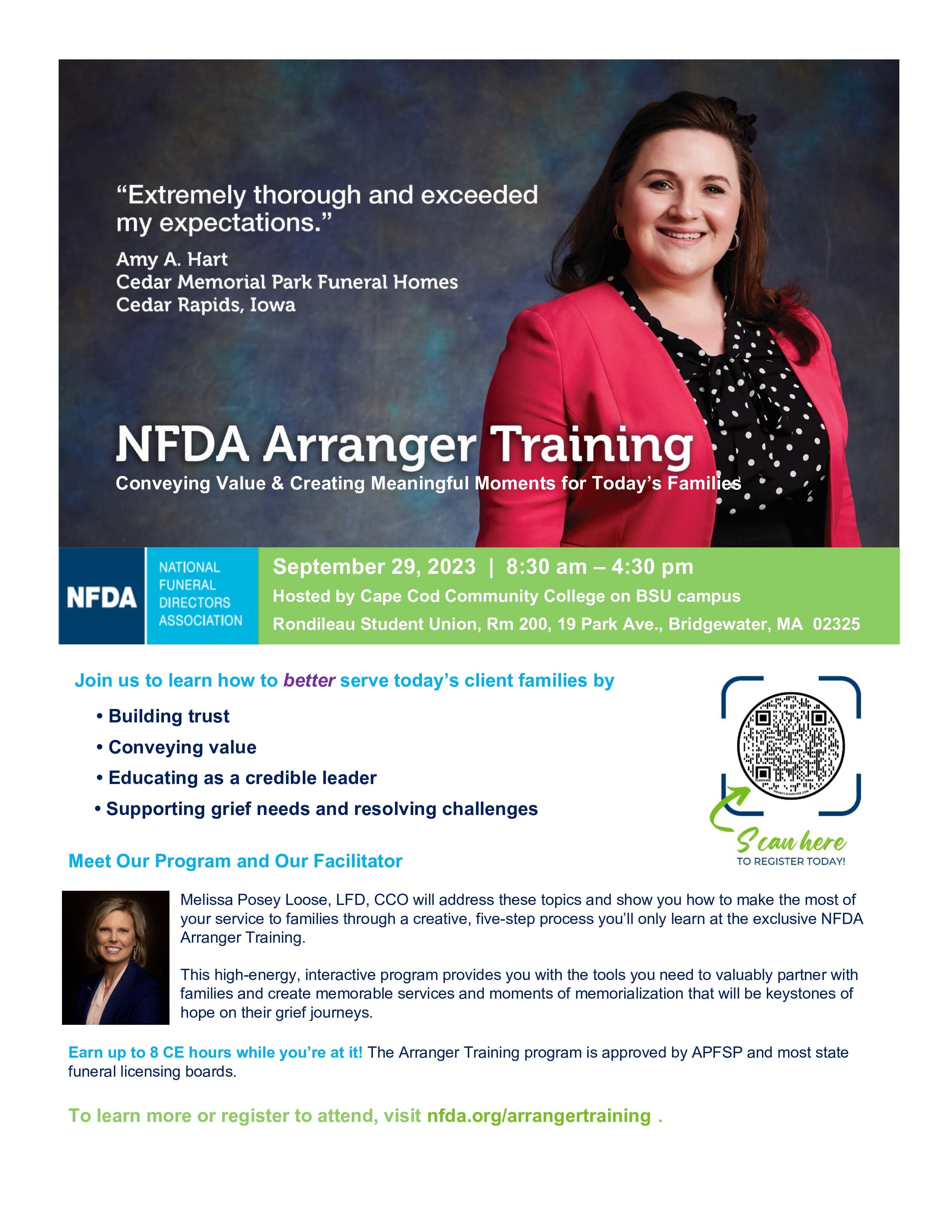 Improve your memorial services and arrangement conferences with the NFDA's arragner training hosted by Melissa Posey Loose, LFD, CCO