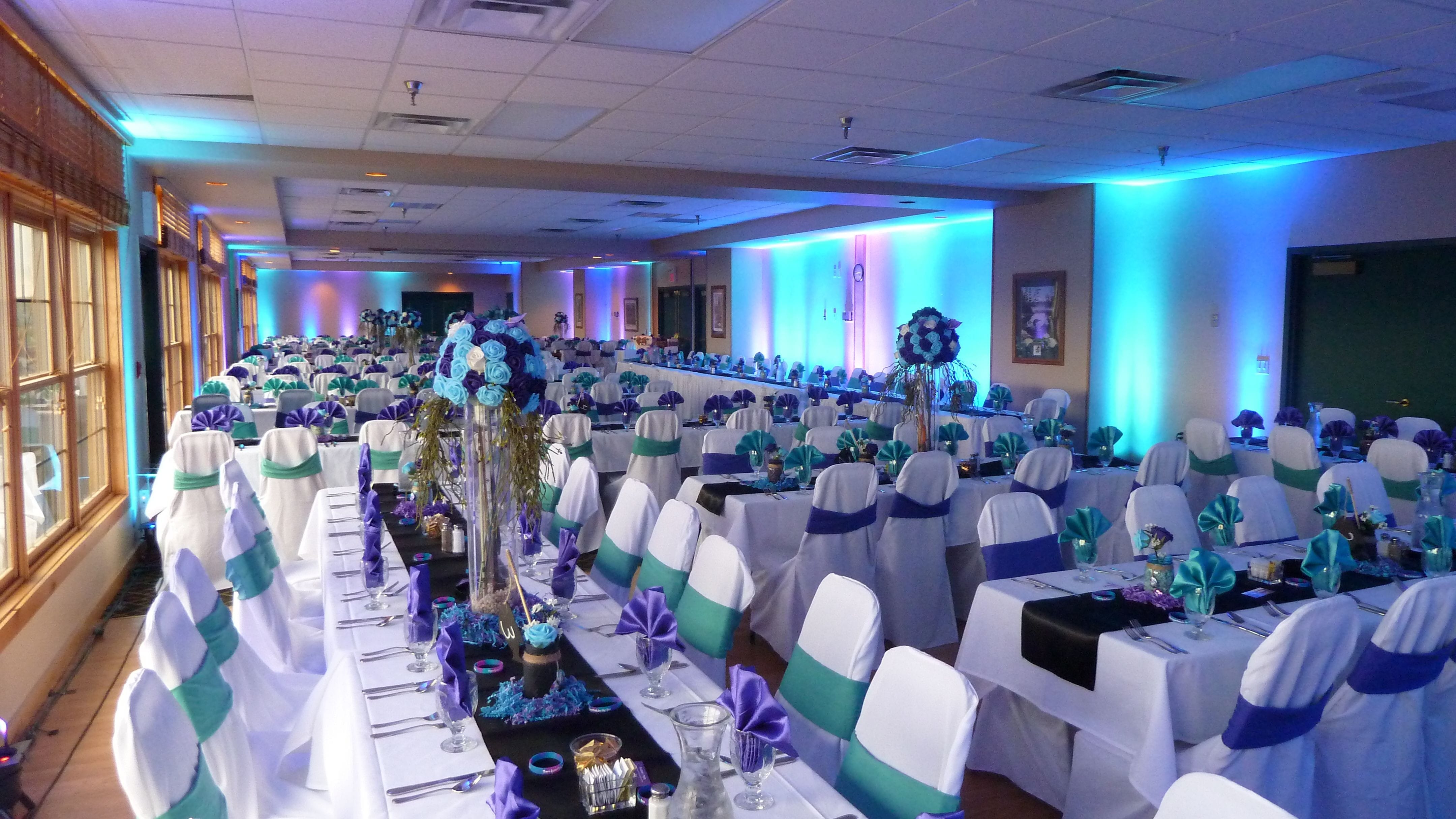 Wedding lighting at the Grand Ely Lodge. Up lighting in teal and magenta.