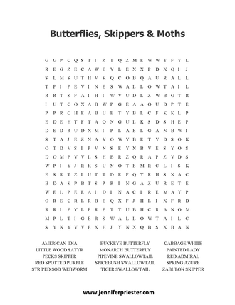 A word search puzzle featuring different types of butterflies, skippers, and moths Jennifer Priester has photographed.