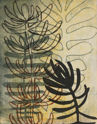 Botanical monoprint using drypoint, stencil and collagraph techniques in yellow, sepia and black