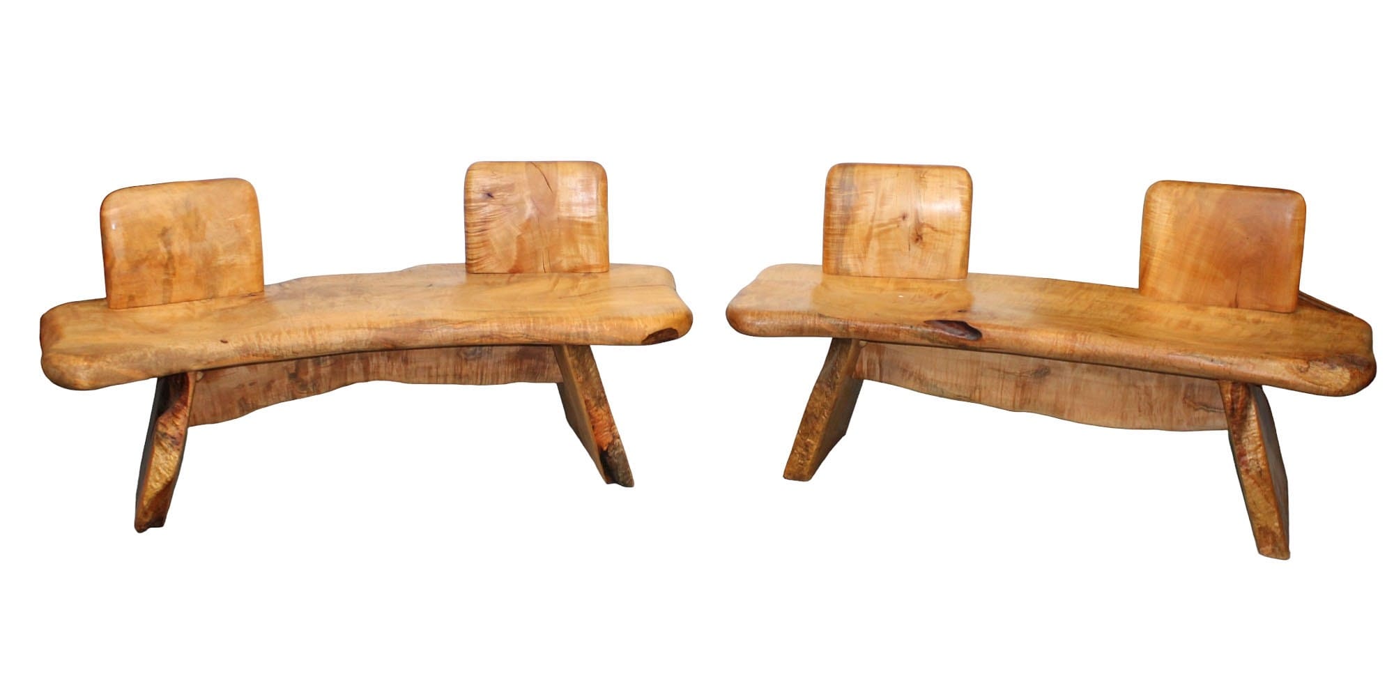 Pair of Brutalist solid maple benches with natural edges
