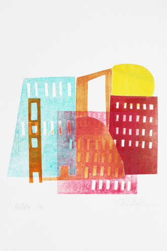 Colorful monoprint of buildings and the sun, whimsical layered suburban scene