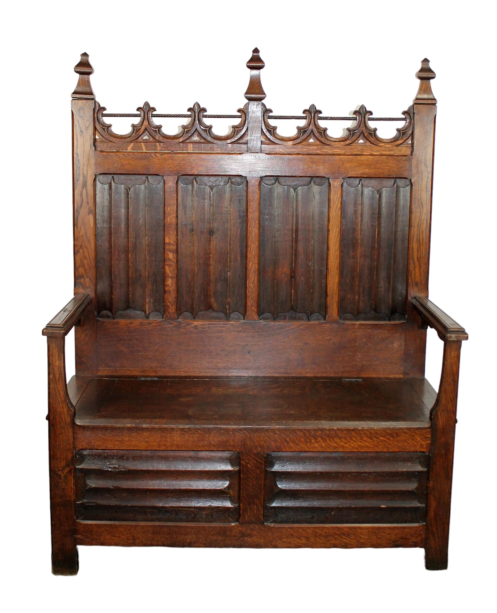 French Gothic revival oak bench with linenfold panels