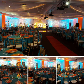 Wedding lighting at the Mounds View Event center with teal and coral up lighting with gobos on the walls.