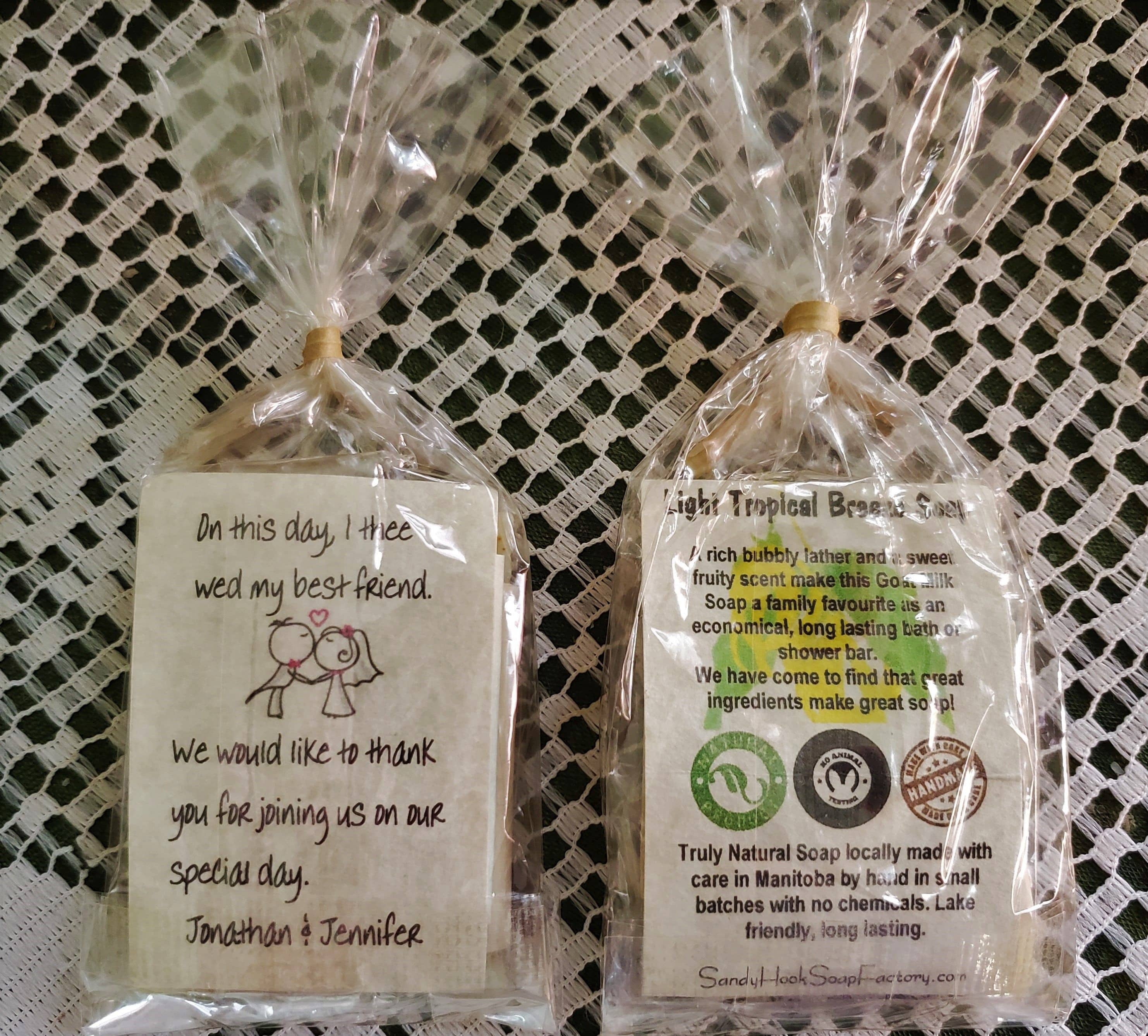 Our all natural soap favours are made in Canada in small batches from quality ingredients.  This is an inexpensive but attractive, useful guest gift.