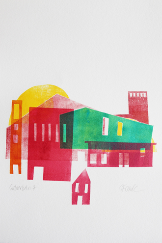 Colorful monoprint of buildings and the sun, whimsical layered suburban scene
