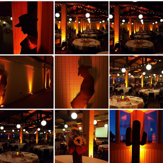 A Western Sunset theme wedding at Spirit Mt lit by Duluth Event Lighting