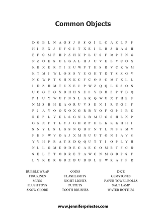 A word search puzzle featuring different common objects Jennifer Priester has photographed.