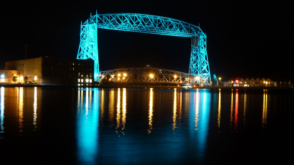 Duluth Lift Bridge lit in teal for MN Ovarian Cancer Alliance. www.mnovarian.org