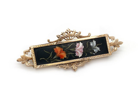 Antique Victorian Floral Pietra Dura Brooch in 14k