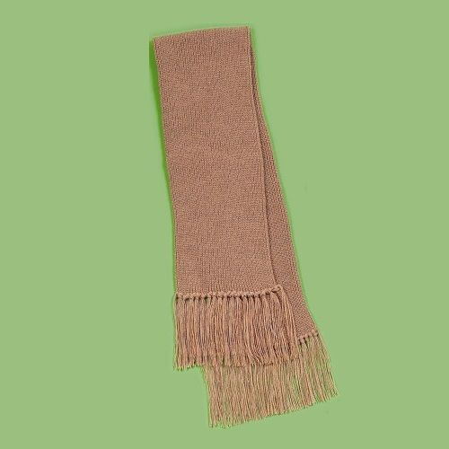 Bulky rib 5' knit scarf with fringe made in a variety of acrylic yarn colors.