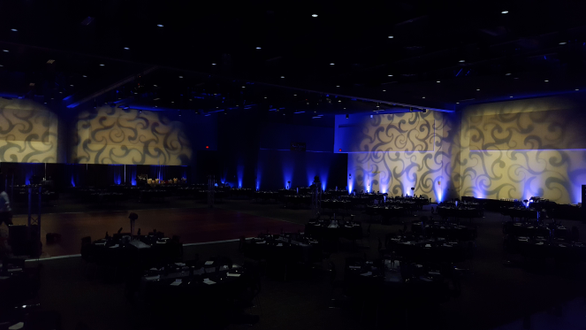 Wedding lighting in blue with gobos on the walls at Black Bear Casino
