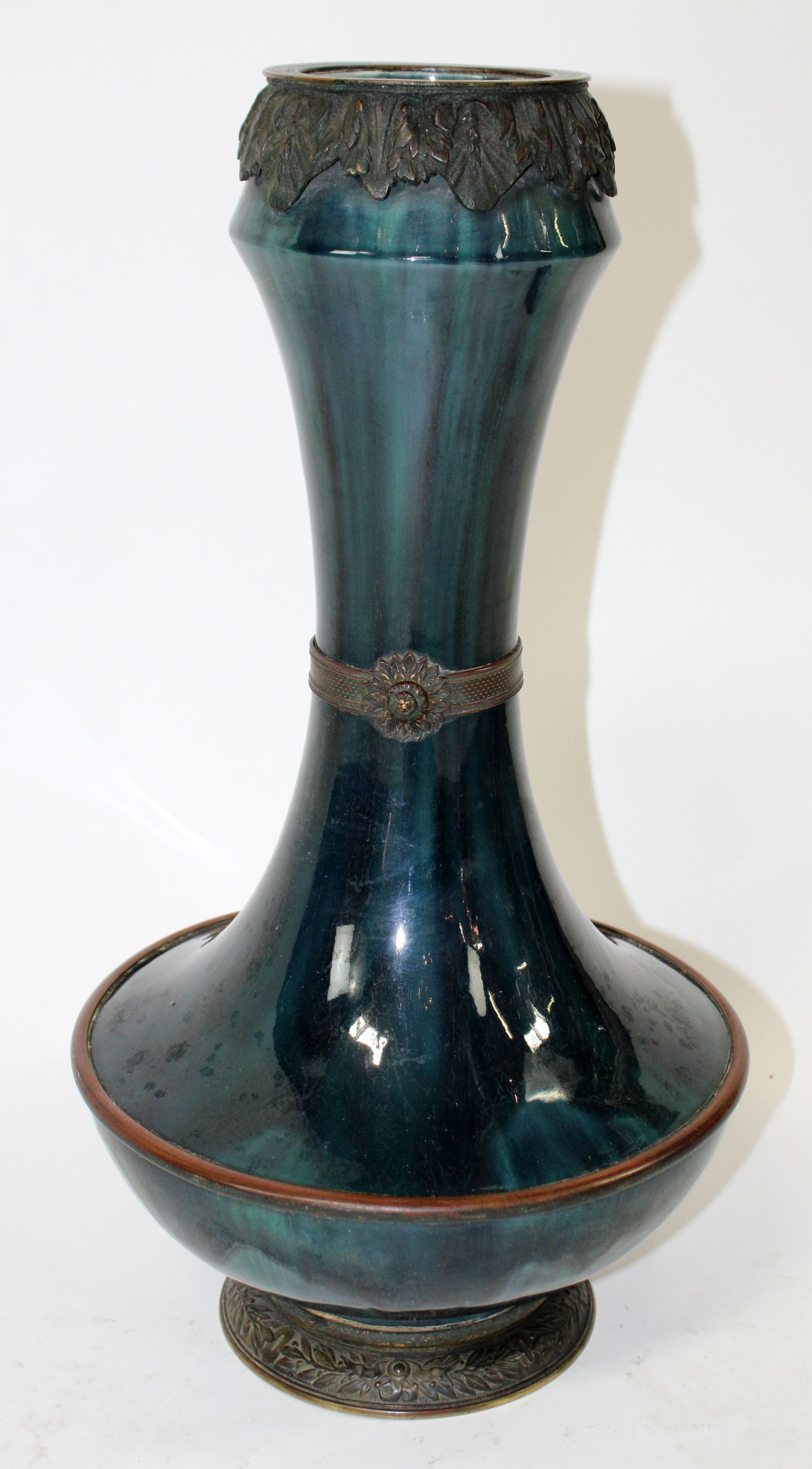 French glazed ceramic vase with figural mask