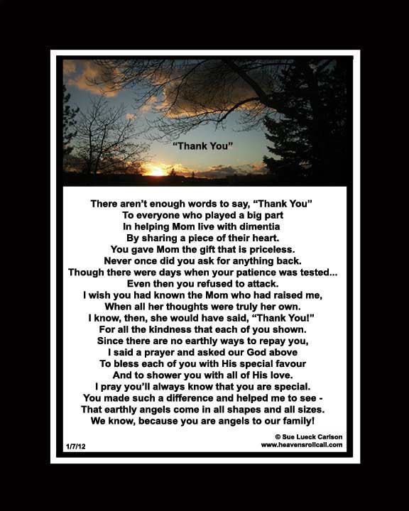 A poem to say thank you to someone who is a caregiver for dementia patients.  