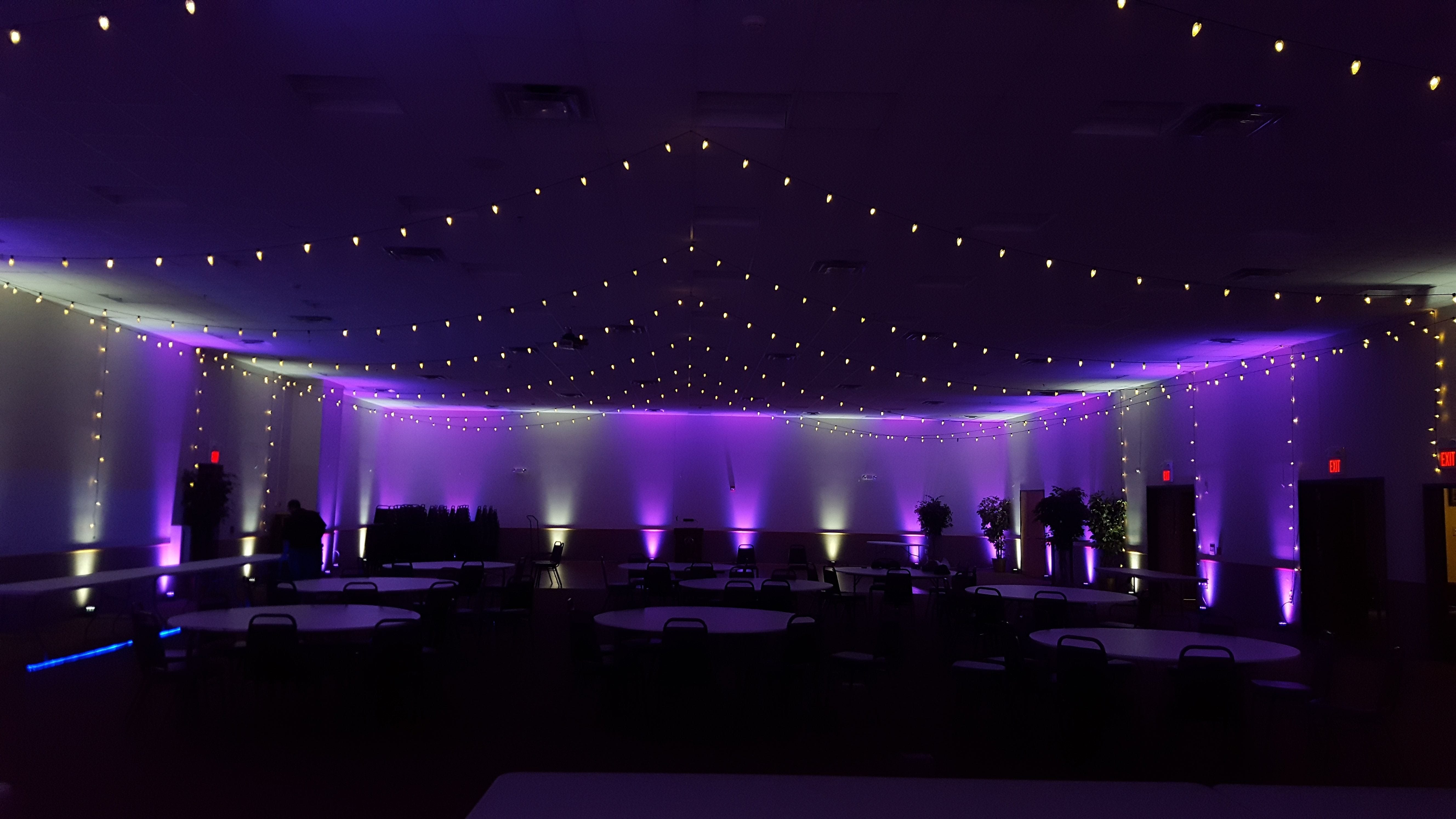 AAD Shrine wedding. Up lighting in purple and soft white with bistro.