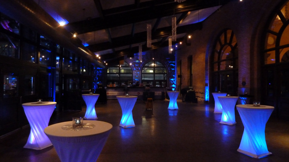 Renaissance Minneapolis, The Depot. Up lighting in blue with snowflake gobos. Decor by Event Lab