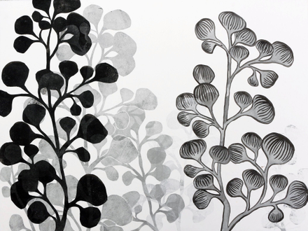22" x 30"  black, white, silver and grey botanical mixed meida piece with monoprint and India ink