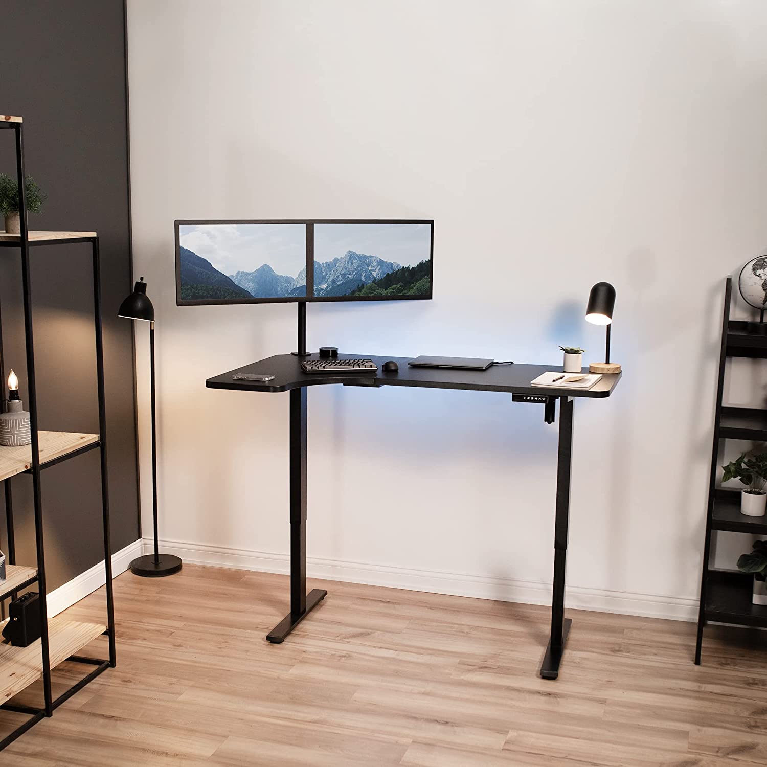The Vivo Electric Adjustable L Shaped Desk in a home office