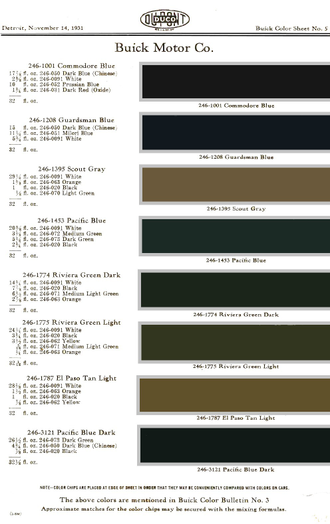 Colors used on Buick Vehicles in 1931