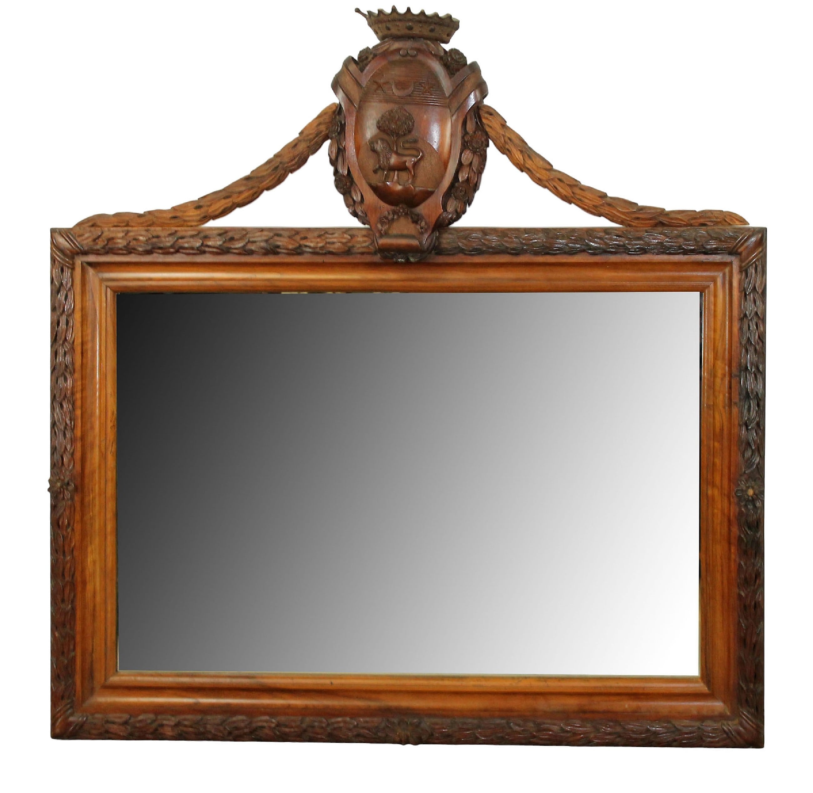 Italian carved walnut mirror with crown and crest
