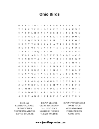 A word search puzzle featuring birds of Ohio that Jennifer Priester has photographed.