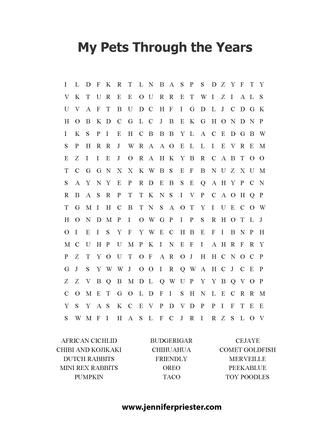 A word search puzzle featuring some of the names and types of pets Jennifer Priester has owned over the years.