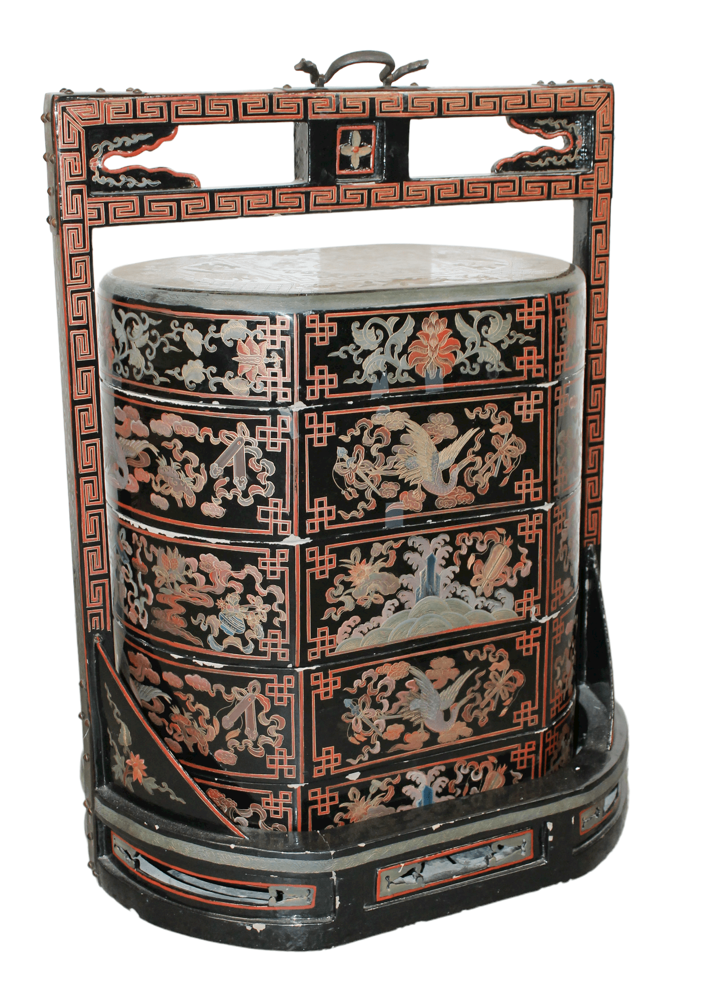 Chinese black lacquered stacking dowry chest