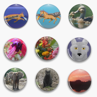 Pin buttons featuring art and photography by Jennifer Priester.