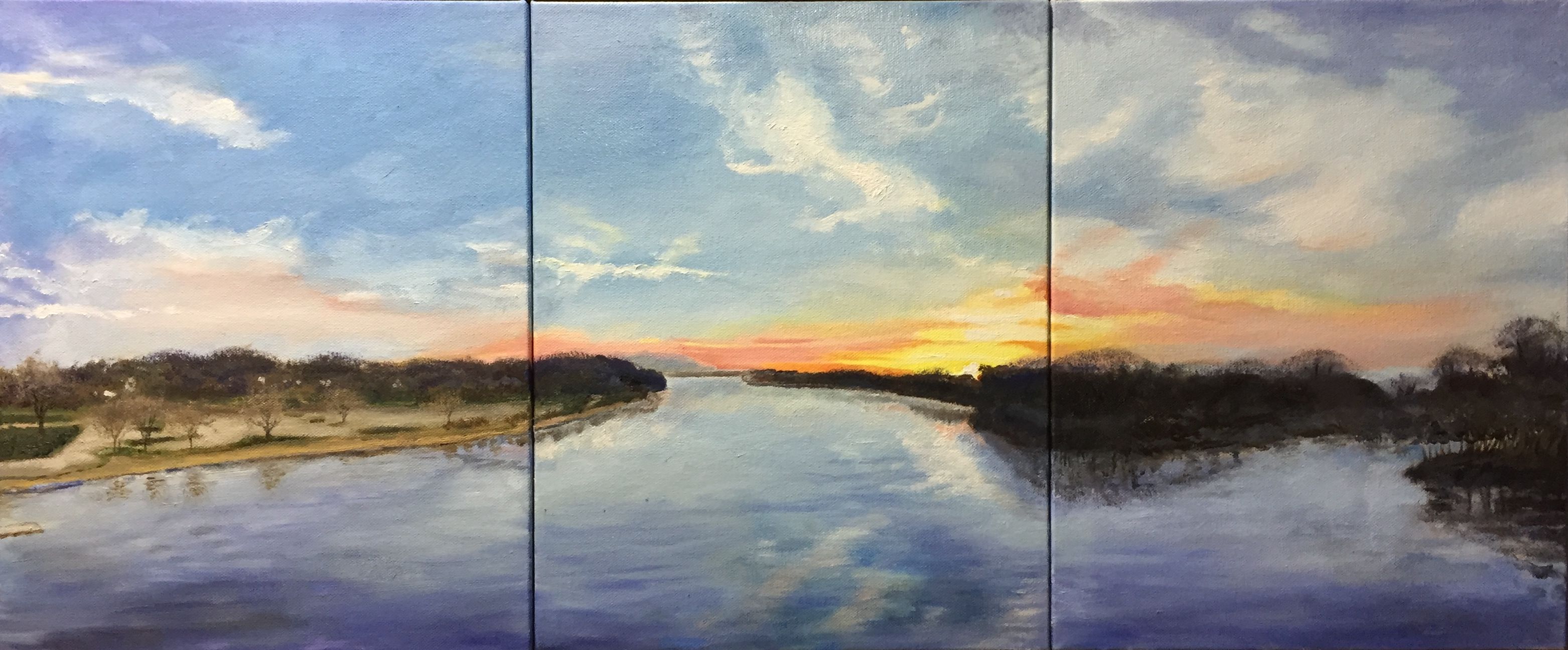 Three 11" x 14" canvases depicting views from the Illinois River bridge in Morris, IL. Oil on canvas