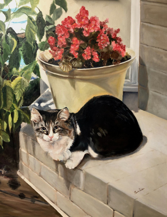 Cat sitting on hearth, oil on canvas, 24" x 30"
