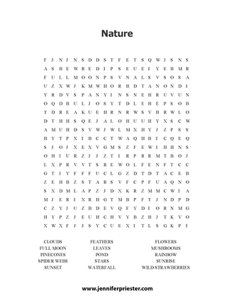 A word search puzzle featuring different things found in nature that Jennifer Priester has photographed.