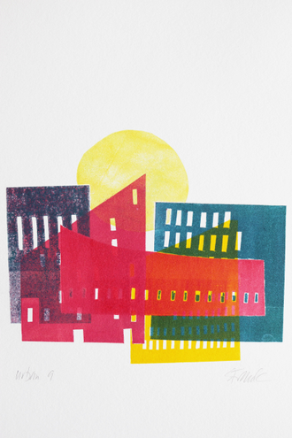 Colorful monoprint of buildings, whimsical layered city scene
