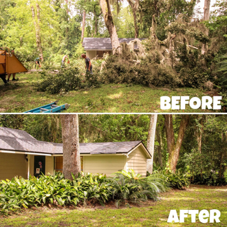This is a before and after comparison of a tree branch falling on a house after a storm.
