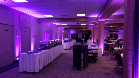 Up lighting in purple for a wedding in Kirby Ballroom.