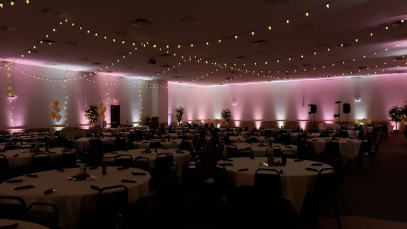 Wedding with blush pink and soft white up lighting. Bistro