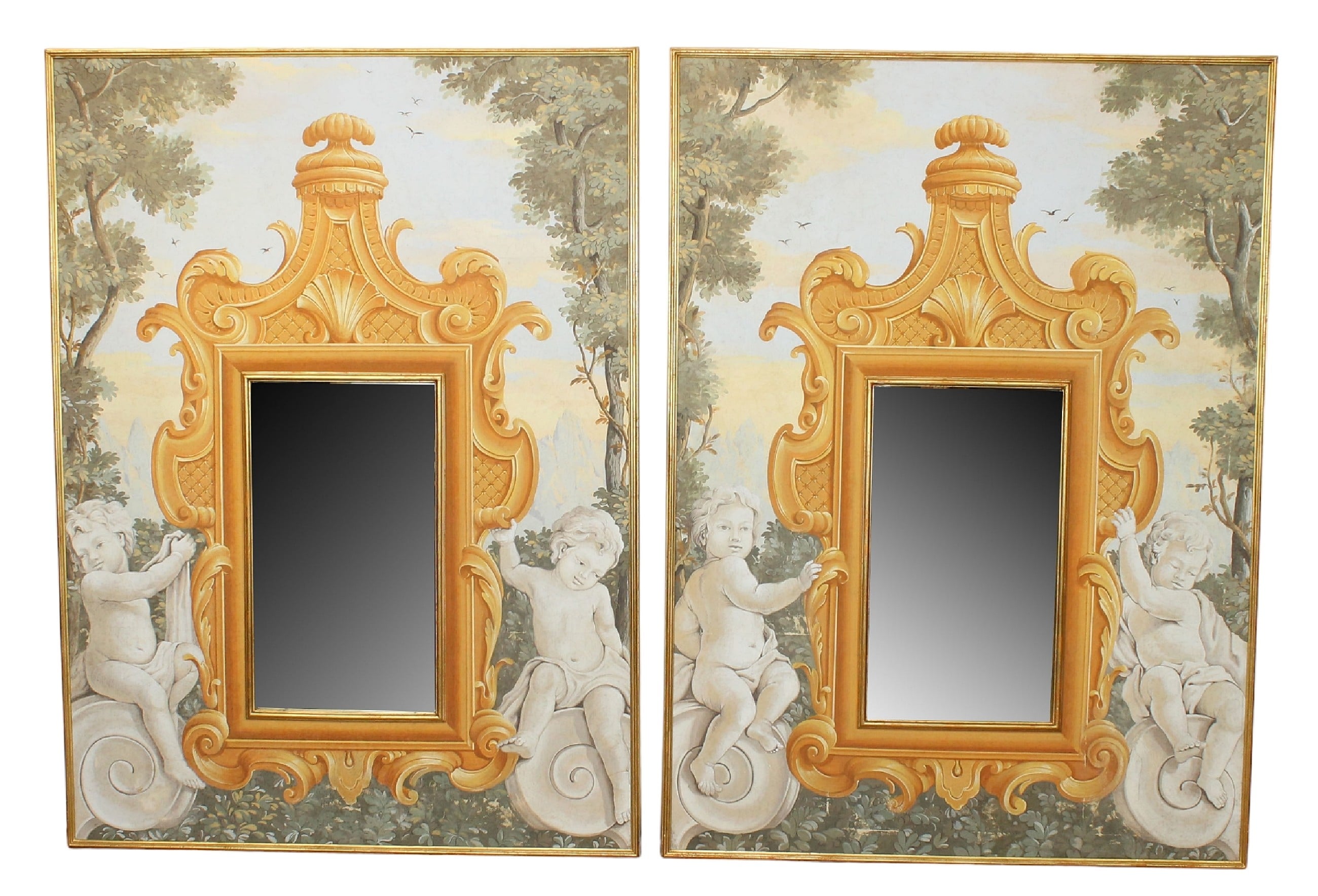 Pair of large scale classical motif trumeau mirrors