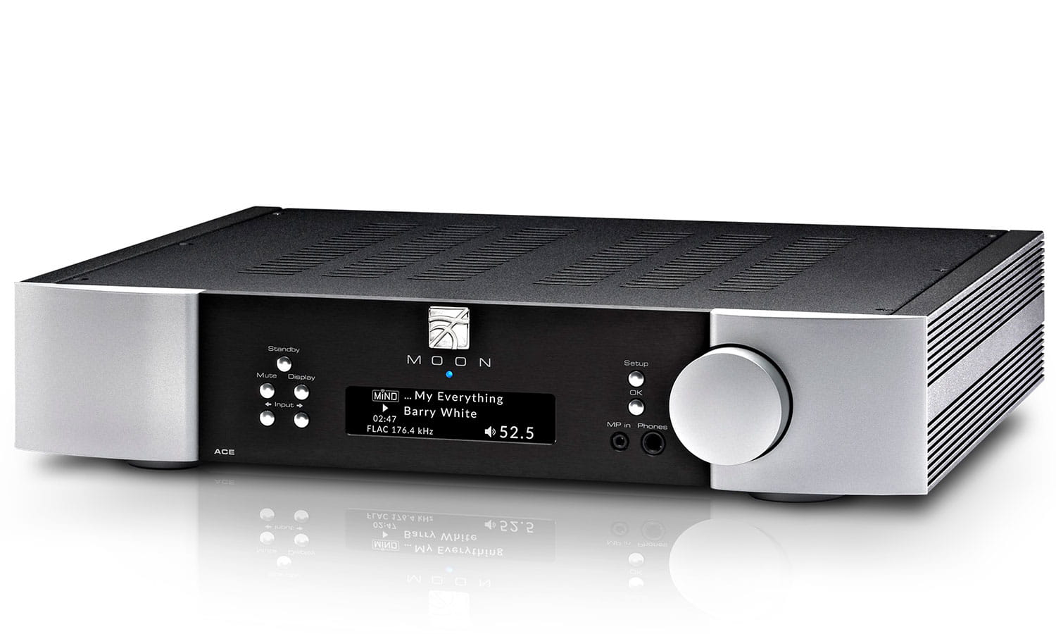 All-in-one audio component combining a network player, DAC and integrated amplifier. Simply hook up a pair of speakers and stream music from the internet.