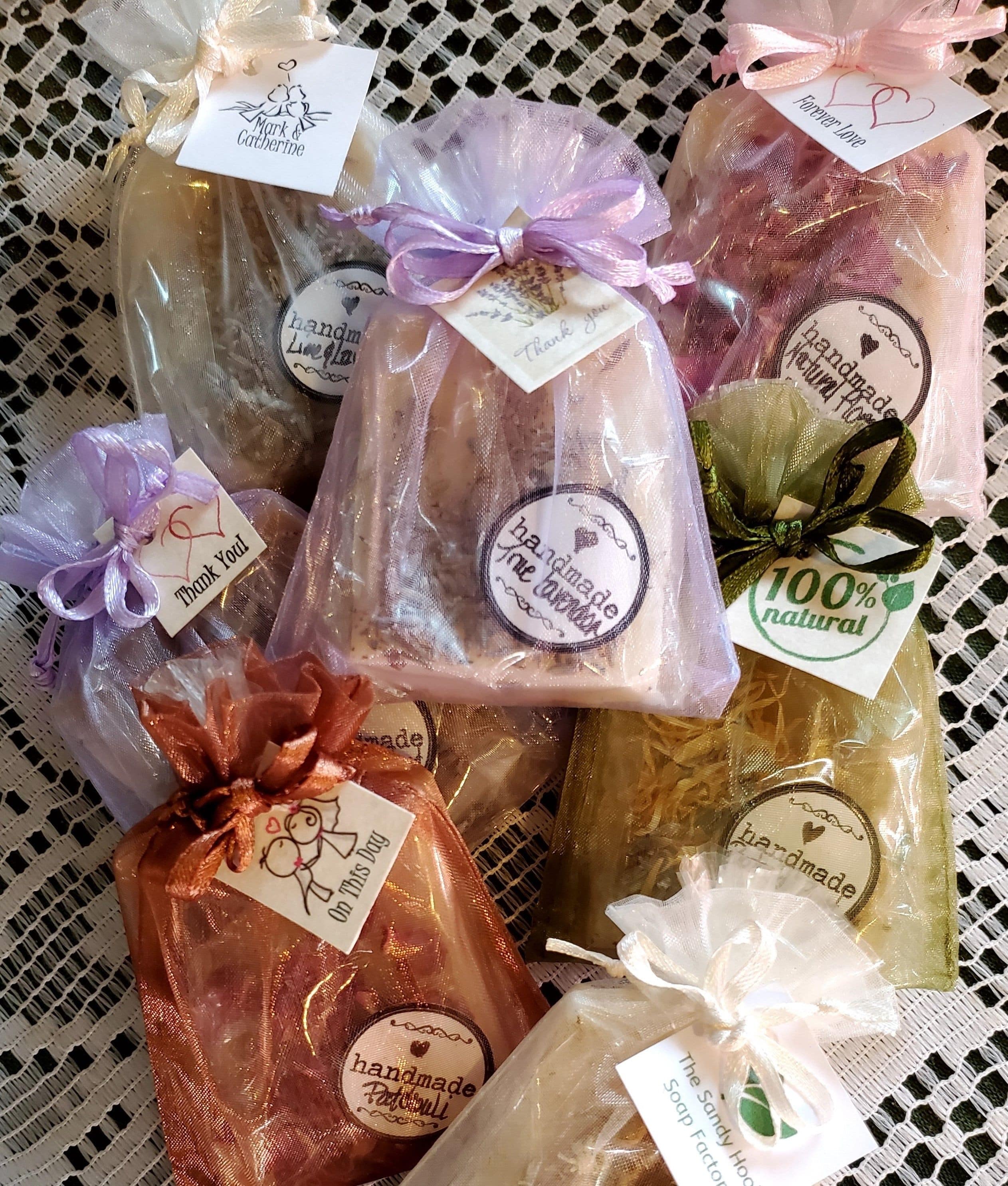 Our Floral Elegance favours are a premium soap favour decorated with organic botanicals and delivered in an organza bag.  Lovely wedding day favour personalized